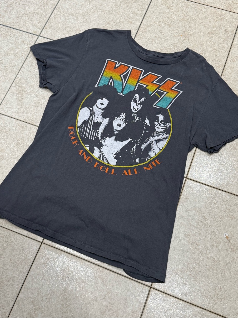 Kiss Black Tee with Rainbow Logo and Orange Accents